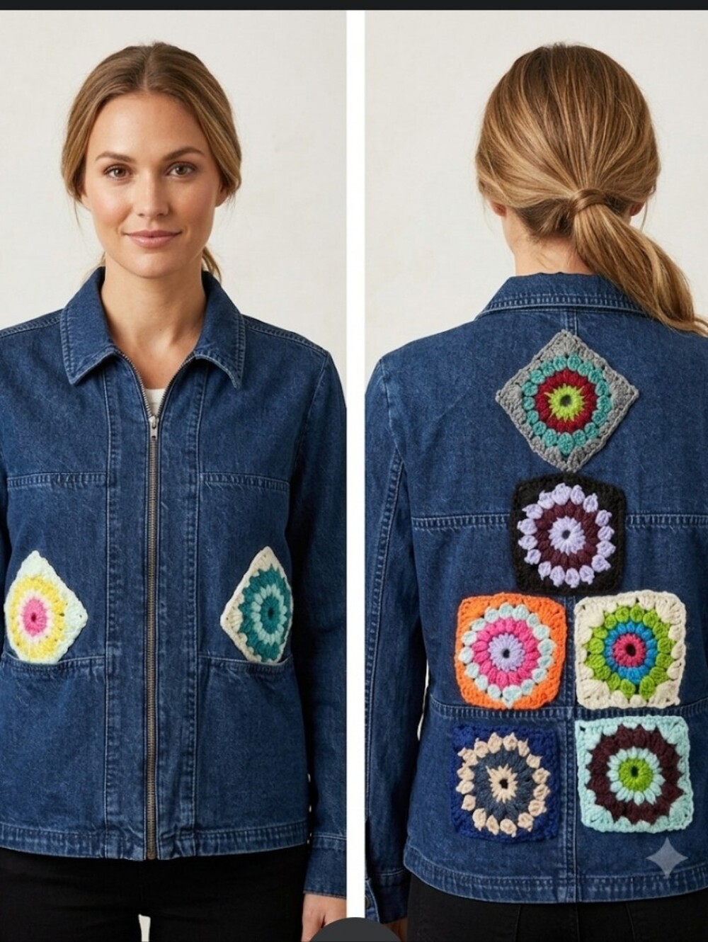 Upcycled jean jacket M handmade granny squares